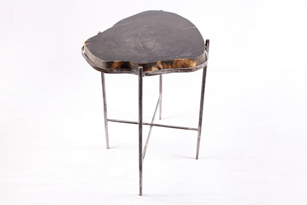 Living Edge Petrified Wood Top w Iron Stand Accent Table or Side Table 45