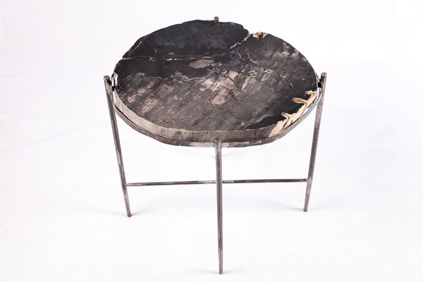 Living Edge Petrified Wood Top w Iron Stand Accent Table or Side Table 48