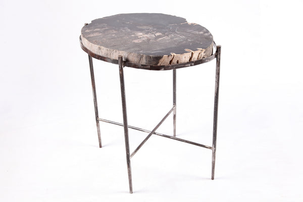 Living Edge Petrified Wood Top w Iron Stand Accent Table or Side Table 48
