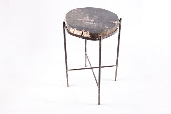 Living Edge Petrified Wood Top w Iron Stand Accent Table or Side Table 48