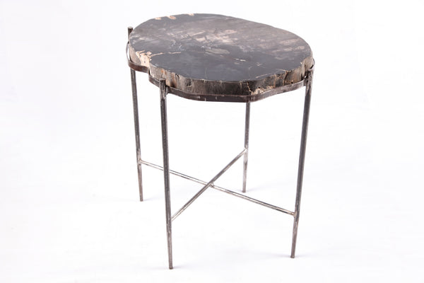 Living Edge Petrified Wood Top w Iron Stand Accent Table or Side Table 48