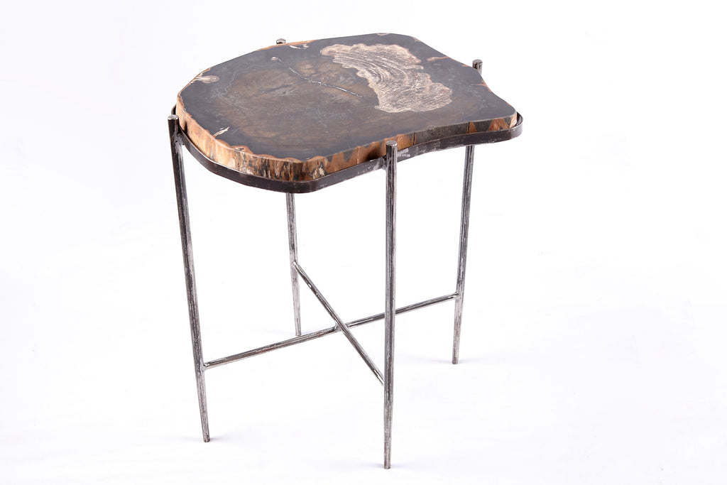 Living Edge Petrified Wood Top w Iron Stand Accent Table or Side Table 49