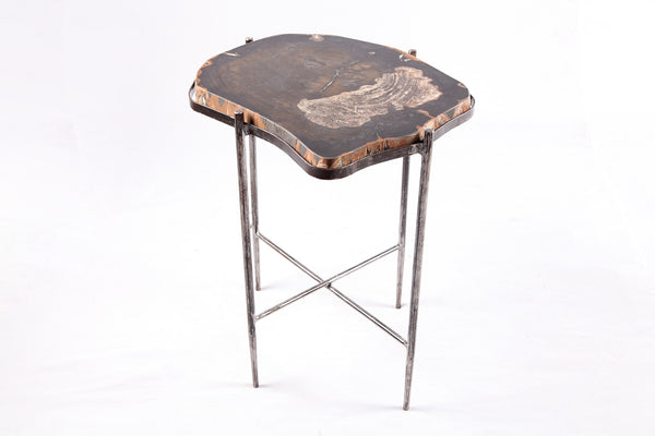 Living Edge Petrified Wood Top w Iron Stand Accent Table or Side Table 49