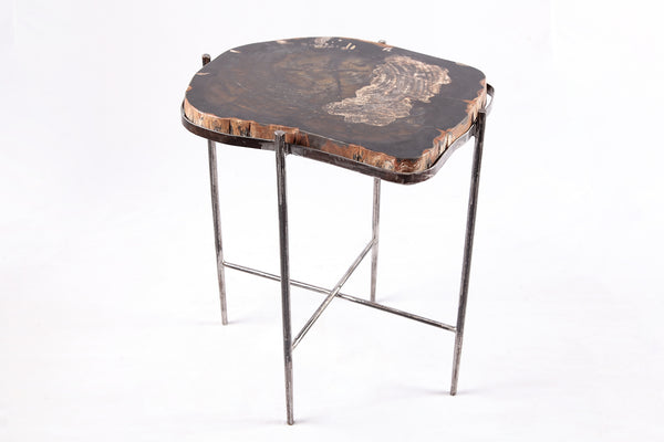 Living Edge Petrified Wood Top w Iron Stand Accent Table or Side Table 50
