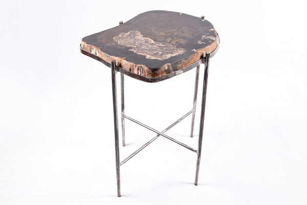 Living Edge Petrified Wood Top w Iron Stand Accent Table or Side Table 50