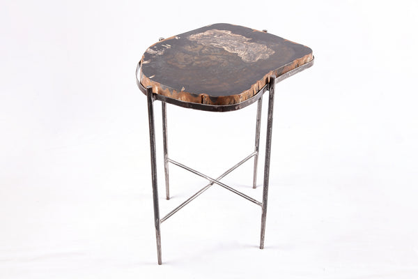 Living Edge Petrified Wood Top w Iron Stand Accent Table or Side Table 50