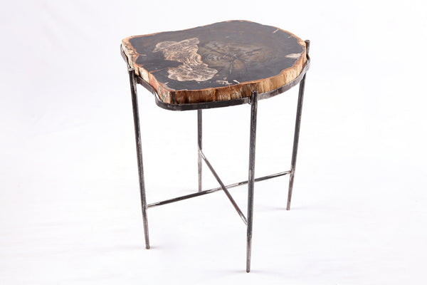 Living Edge Petrified Wood Top w Iron Stand Accent Table or Side Table 51
