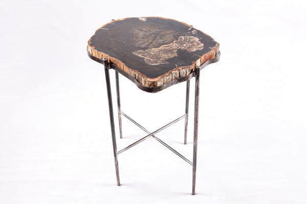 Living Edge Petrified Wood Top w Iron Stand Accent Table or Side Table 51