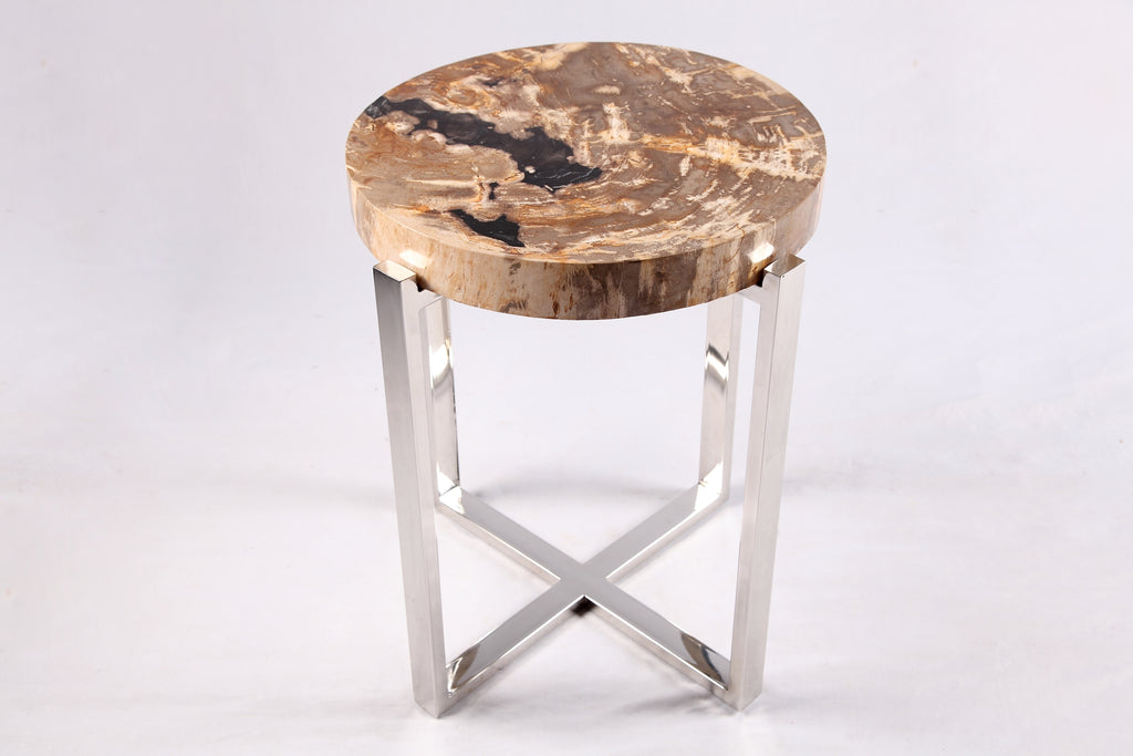 Z-Round Petrified Wood Top w Stainless Steel Stand Accent Table or Side Table 63
