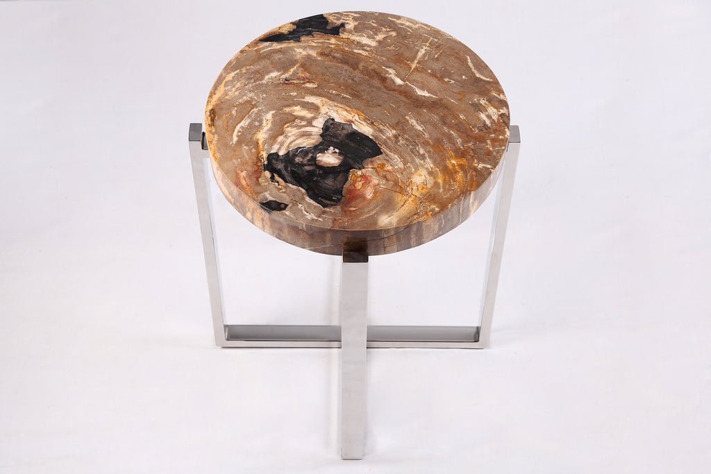 Round Petrified Wood Top w Stainless Steel Stand Accent Table or Side Table 64