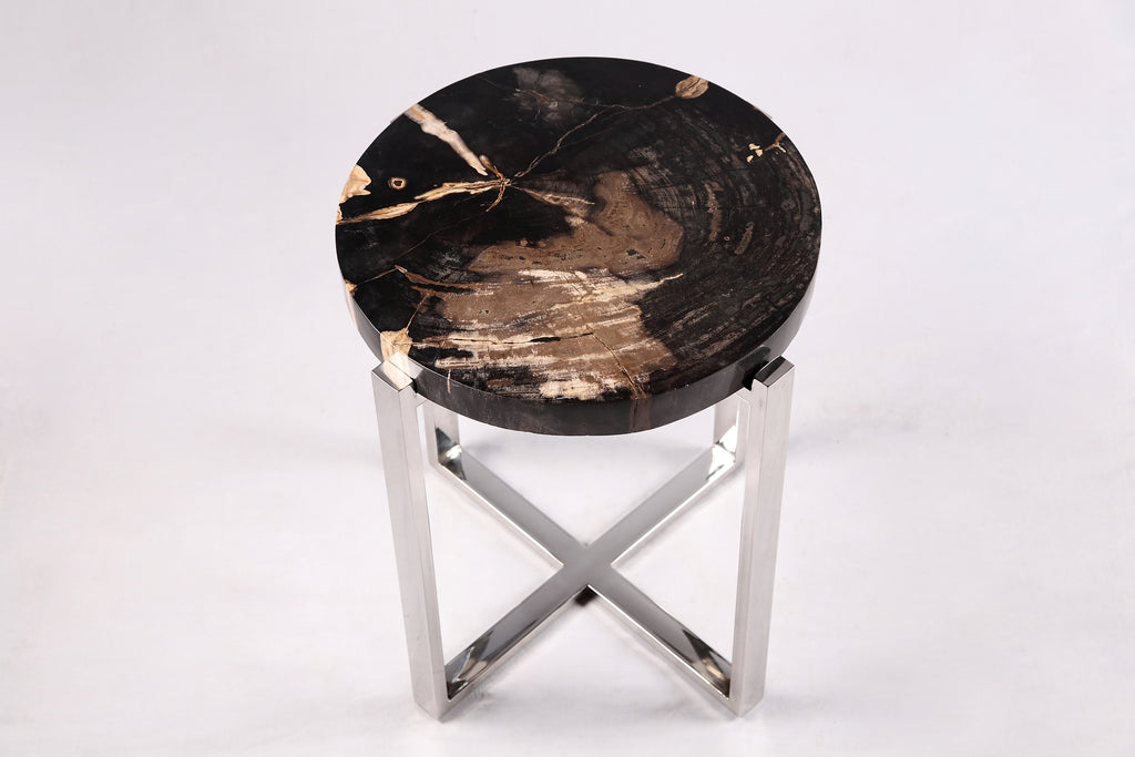 Round Petrified Wood Top w Stainless Steel Stand Accent Table or Side Table 66
