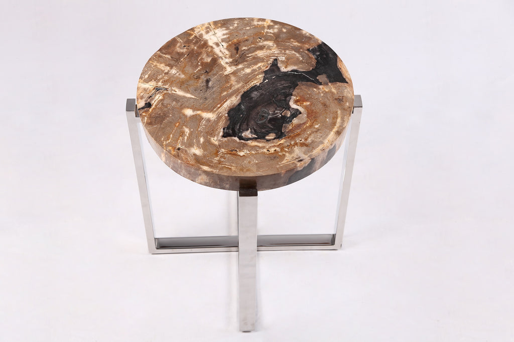 Round Petrified Wood Top w Stainless Steel Stand Accent Table or Side Table 68