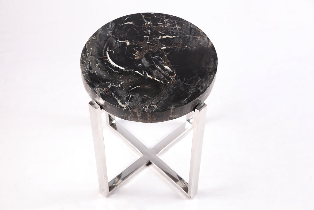 Z-Round Petrified Wood Top w Stainless Steel Stand Accent Table or Side Table 69