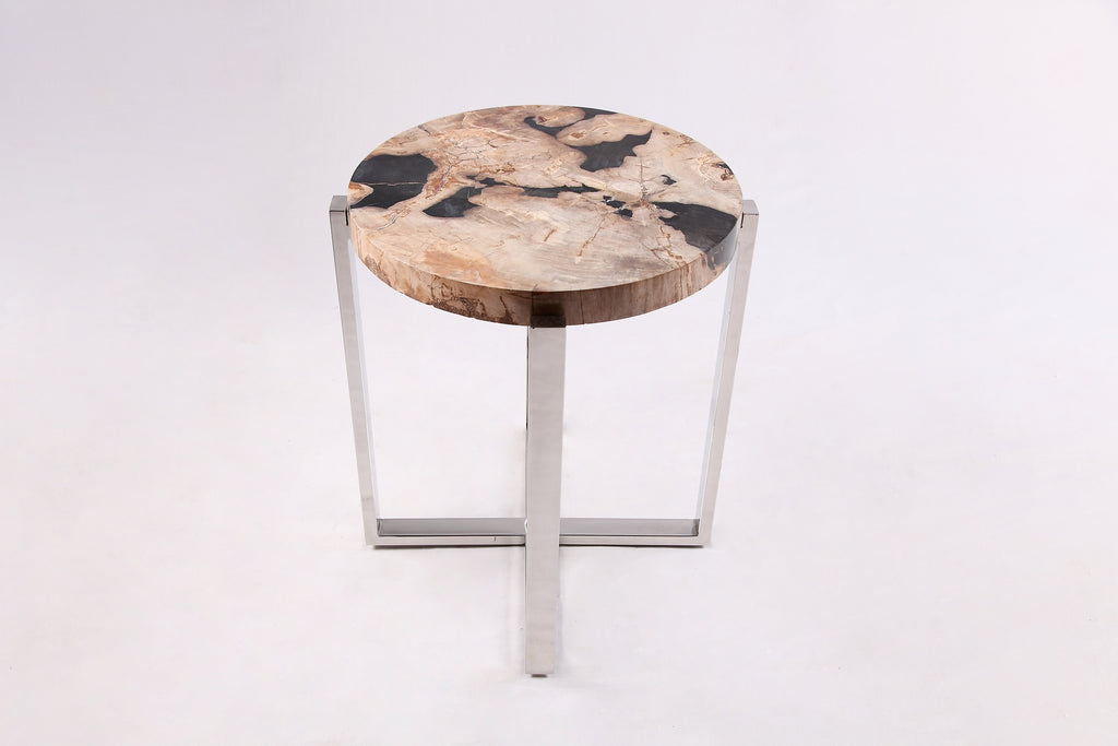 Round Petrified Wood Top w Stainless Steel Stand Accent Table or Side Table 70