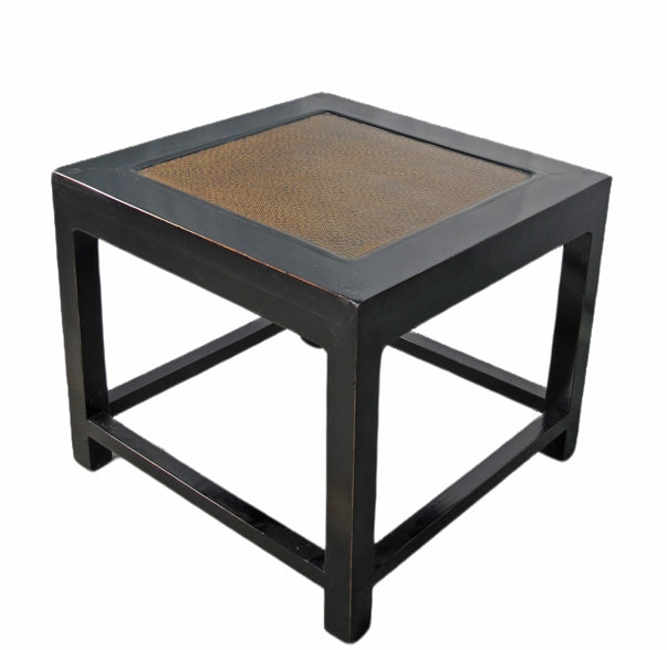 Rattan Top and Black Lacquer Square Vintage Accent or Side Table