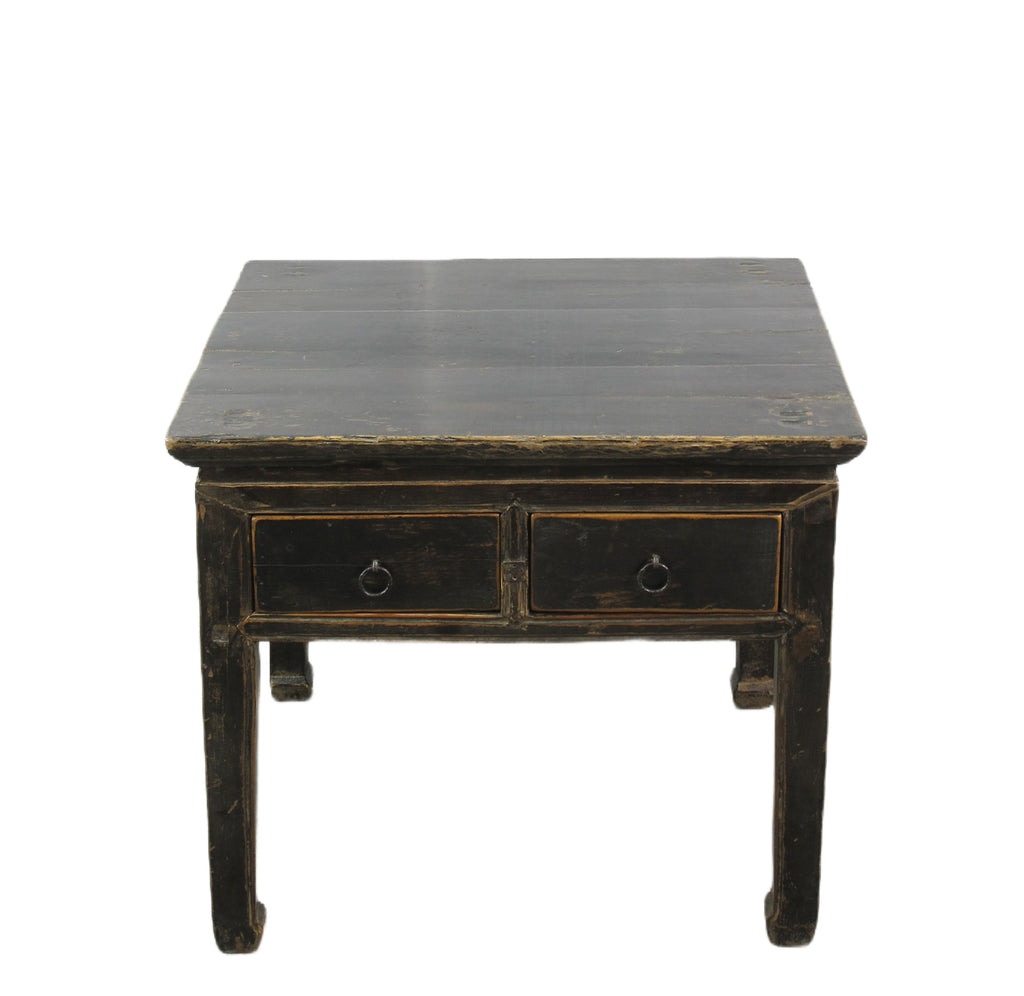 Antique Black Chinese Square Accent Table or Side Table with Two Drawers