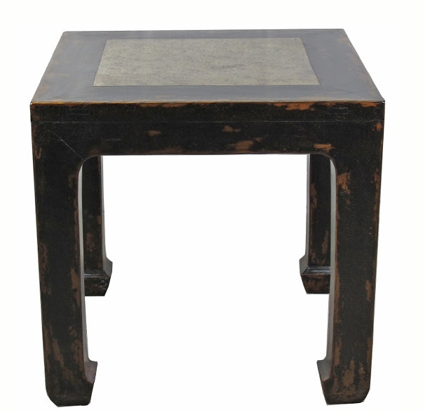 Marble Top Square and Distressed Black Vintage Accent or Side Table, 25"H