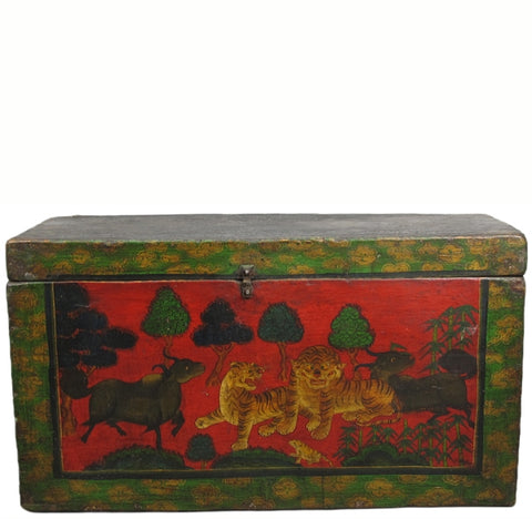 Z-Red/Green Antique Tibetan Accent Trunk Table