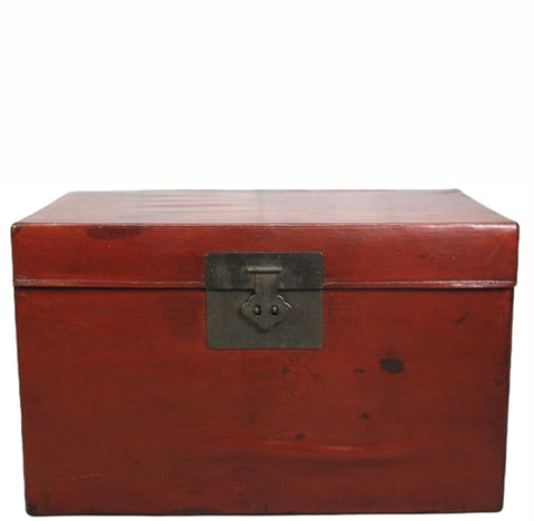 Red 31" Inch Long Antique Red Leather Accent Trunk Table