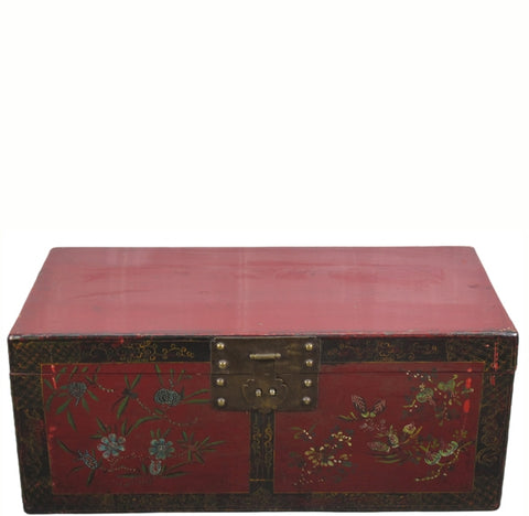 Red 38" Inch Long Antique Flowers Accent Trunk Table
