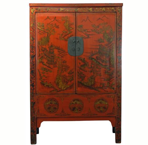 Antique Red  Chinese Chinoiserie-Style Cabinet