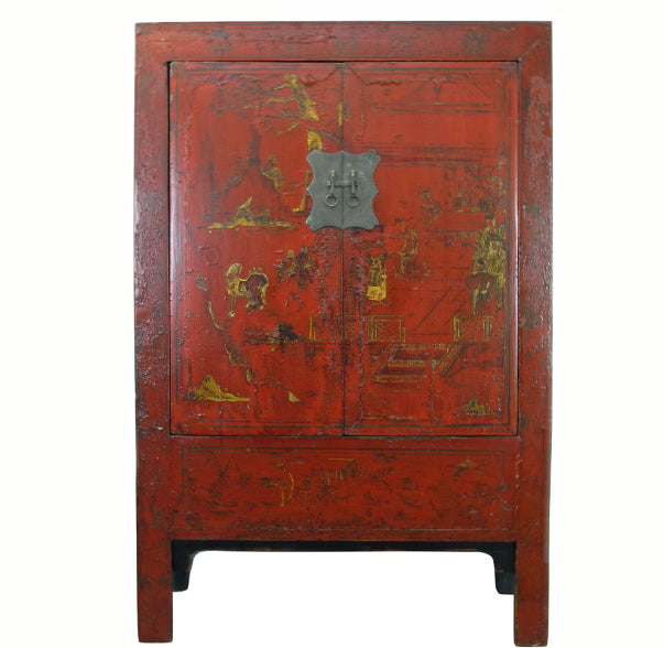 Red Antique Chinese Chinoiserie Style Cabinet