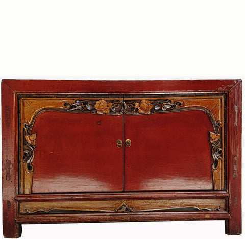 Antique Red Cabinet Table with Carved Border Doors