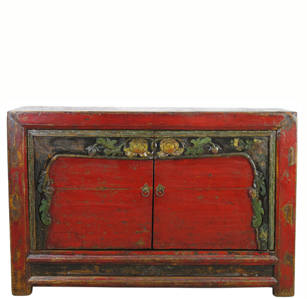 Z-Antique Red Cabinet Table with Carved Border Doors