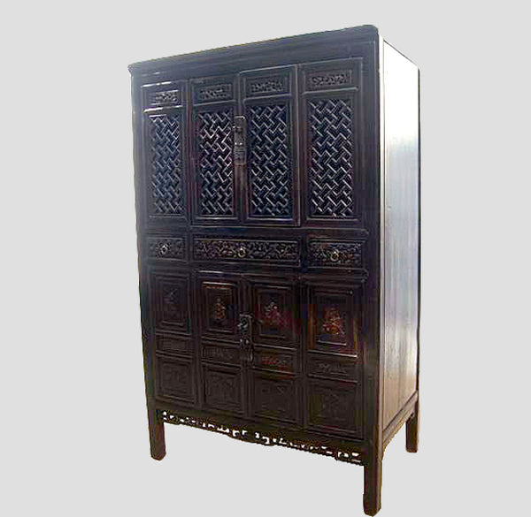 Dark Reddish Brown Lattice and Carved Cabinet - Dyag East