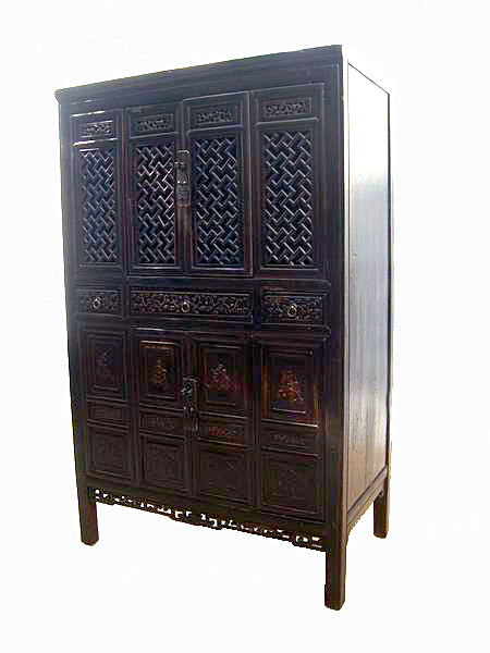 Dark Reddish Brown Lattice and Carved Cabinet - Dyag East