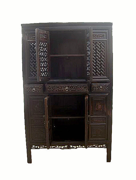 Dark Reddish Brown Lattice and Carved Cabinet - Dyag East