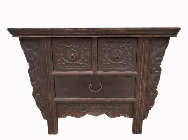Reddish Brown Antique Chinese 3 Drawers Table