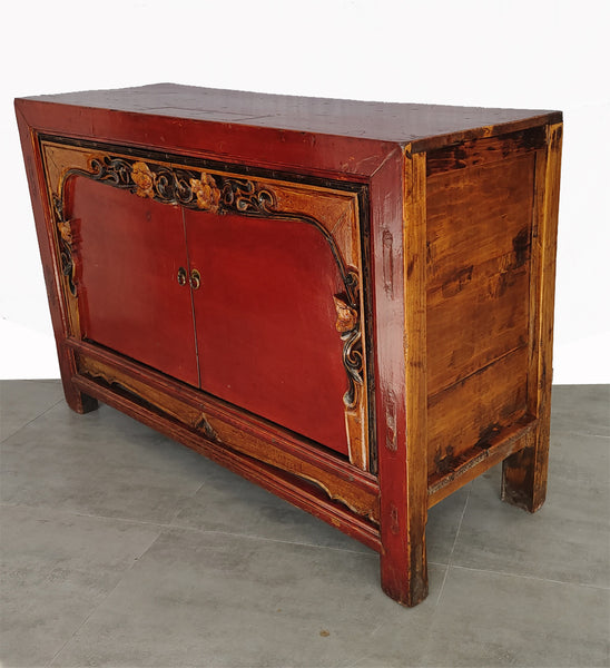 Antique Red Cabinet Table with Carved Border Doors