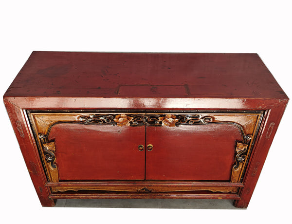 Antique Red Cabinet Table with Carved Border Doors