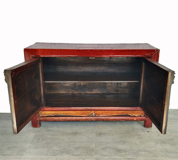 Antique Red Cabinet Table with Carved Border Doors