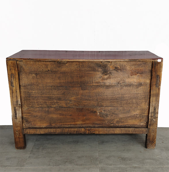 Antique Red Cabinet Table with Carved Border Doors