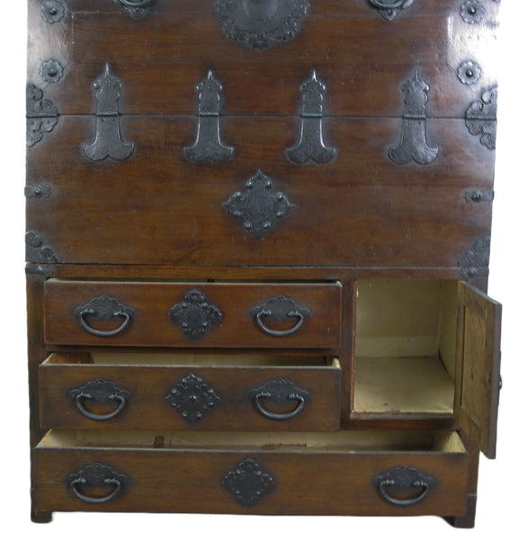 Two Part Dark Brown Antique Korean Cabinet Chest