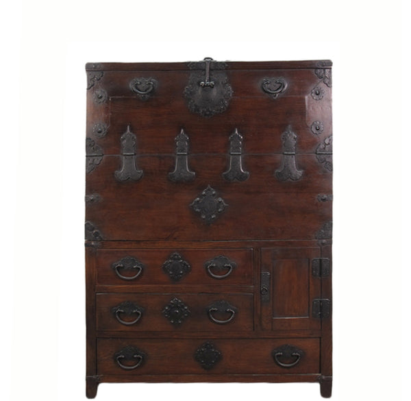 Two Part Dark Brown Antique Korean Cabinet Chest