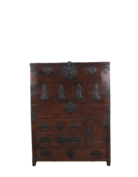 Two Part Dark Brown Antique Korean Cabinet Chest