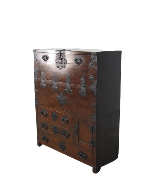 Two Part Dark Brown Antique Korean Cabinet Chest