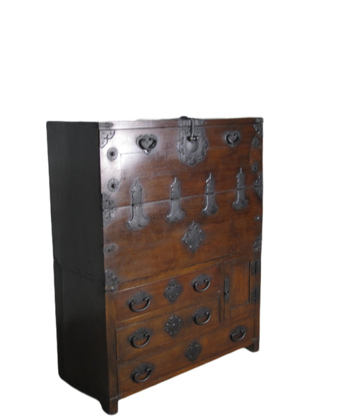 Two Part Dark Brown Antique Korean Cabinet Chest