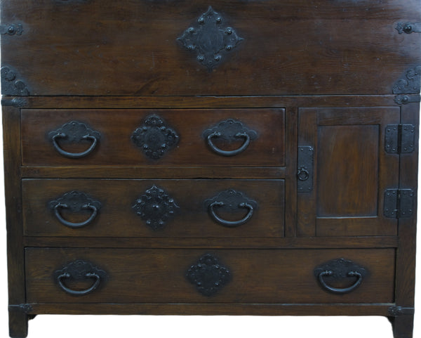 Two Part Dark Brown Antique Korean Cabinet Chest