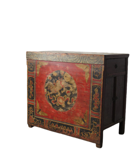 Hand Painted Circle of Mystic Bird Antique Gansu Tibetan Cabinet 2