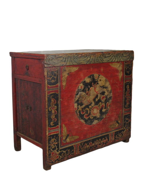 Hand Painted Circle of Mystic Bird Antique Gansu Tibetan Cabinet 2
