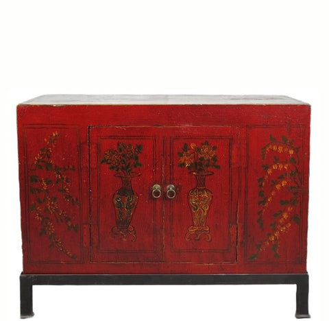 Small Red Chinese Antique Cabinet with Stand