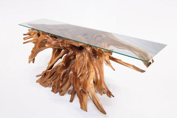 Naturel Teak Root Console Table, 83" Long Light Brown