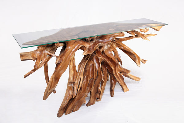 Naturel Teak Root Console Table, 83" Long Light Brown