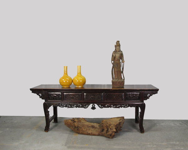 96” Inch Long Antique Brown Chinese Altar Console Table – 3 Drawers