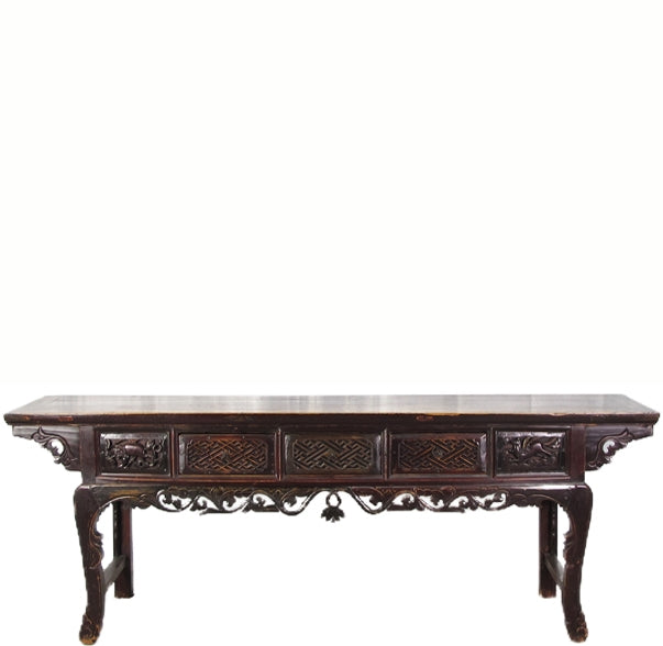 96” Inch Long Antique Brown Chinese Altar Console Table – 3 Drawers