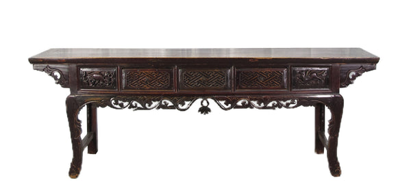 96” Inch Long Antique Brown Chinese Altar Console Table – 3 Drawers